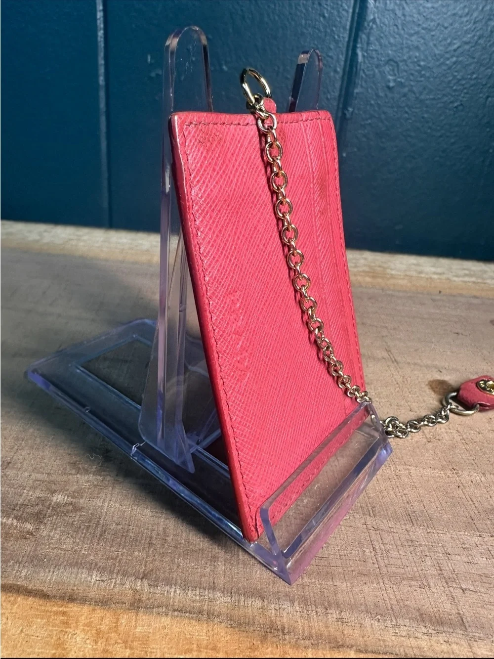 Prada Hot Pink Saffiano Leather Card Holder with Chain Keyring Made in Italy